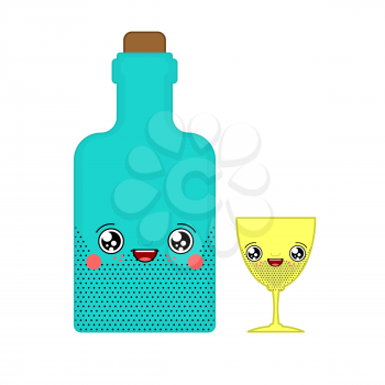 Alcohol and glass kawaii Cute cartoon. Funny Bottle. Sweet Drink vector illustration
