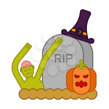 Zombie and grave and pumpkin. Gravestone and dead man. Halloween illustration