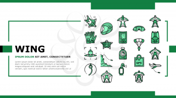 Wingsuiting Sport Landing Web Page Header Banner Template Vector. Wingsuiting Suit And Protection Helmet, Glasses And Gloves, Parachute And Hook Extreme Flying Tool Illustration