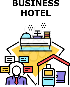 Business Hotel Vector Icon Concept. Business Hotel For Resting On Vacation Or Businessman Trip, Buffet Table With Dishes For Eating Breakfast Or Dinner. Motel For Relaxing Traveler Color Illustration