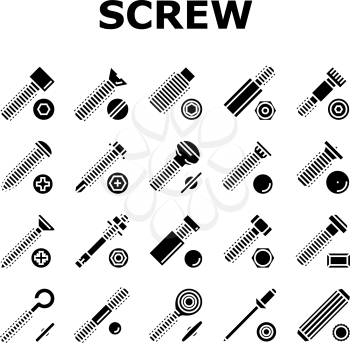 Screw And Bolt Building Accessory Icons Set Vector. Socket Head And Shoulder Screw, Press-fit And Hex Standoffs, Eyebolt With Peg And Rivet Engineer Equipment Glyph Pictograms Black Illustrations