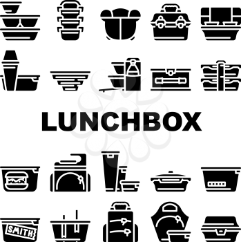 Lunchbox Dishware Collection Icons Set Vector. Backpack And For Women Lunchbox And Thermos, Vacuum And Folding, For Vintage And Sports Glyph Pictograms Black Illustrations