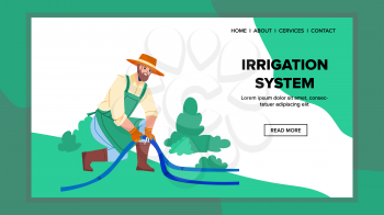 Irrigation System Watering Plant And Grass Vector. Gardener Installing Automatic Irrigation System In Garden. Character Install Irrigate Pipeline For Sprinkling Backyard Web Flat Cartoon Illustration