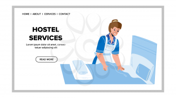Hostel Services Worker Woman Cleaning Room Vector. Hostel Services Cleaner Making Bed And Clean Hotel Apartment Bedroom. Character Maid Lady In Uniform Web Flat Cartoon Illustration
