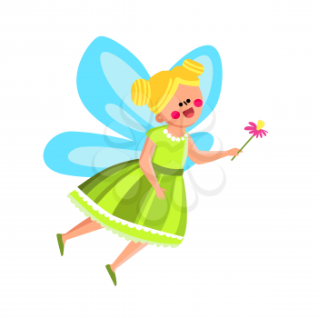 Fairy Girl In Beautiful Costume With Flower Vector. Happy Attractive Fairy Girl Wearing Suit With Wings And Floral Plant. Character Little Lady Child In Princess Dress Flat Cartoon Illustration
