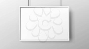 Poster Blank Advertisement Paper With Frame Vector. Hanging On Wall Poster List, Office Or House Room Picture. Promotional Banner Or Image Empty Canvas Mockup Realistic 3d Illustration