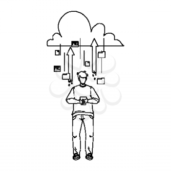 Cloud Storage Service For Save Information Black Line Pencil Drawing Vector. Cloud Storage Mobile Technology For Storaging Photo And Video Media Files, Electronic Documents And Messages. Character Illustration