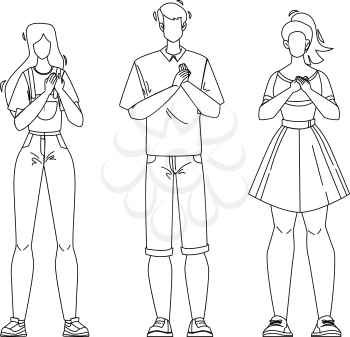 Honesty People Group With Hands On Chest Black Line Pencil Drawing Vector. Honesty Young Man And Women With Grateful Gesture Tell Truth. Friendly Characters Swear Or Promises Something Illustration