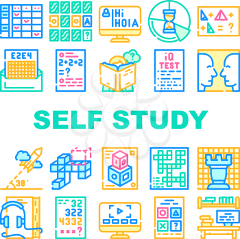 Self Study Lessons Collection Icons Set Vector. Self Study Audiobook And Video Lessons, Chess And Crossword Game, Modeling And Iq Test Concept Linear Pictograms. Contour Color Illustrations
