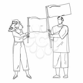 Flag Holding Boy And Girl Couple On Protest Black Line Pencil Drawing Vector. Young Man And Woman Hold Waving Flag Together On Meeting. Characters People Manifestation Or Demonstration Illustration