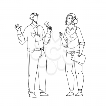 Speaker Man And Woman Speak On Conference Black Line Pencil Drawing Vector. Speaker Boy And Girl Couple Speaking On Business Meeting Or Festival, Sport Event Or Presentation. Characters Illustration