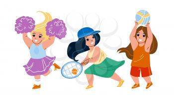 Girls Kids Playing Sport Game And Dancing Vector. Little Schoolgirls Play Tennis And Volleyball Game, Cheerleader Supporting Team And Dance. Characters Sportive Activity Flat Cartoon Illustration