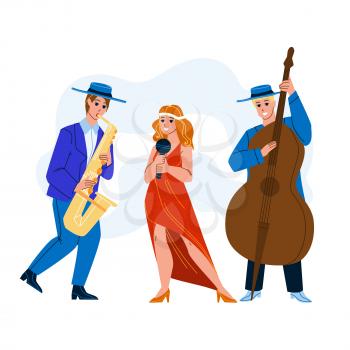 Jazz Music Band Performing Song Together Vector. Woman Singing In Microphone And Men Playing Jazz Music On Saxophone And Contrabass Instrument. Characters Flat Cartoon Illustration