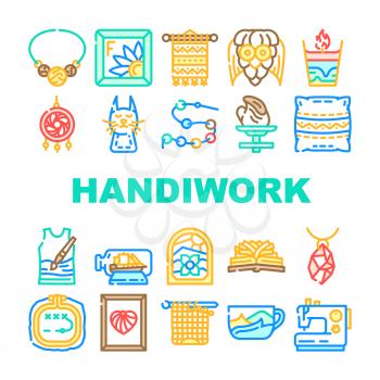 Handiwork Craft Hobby Occupation Icons Set Vector. Candle And Composition From Old Book, Felt Pocket And Cone Toy, Boat In Bottle And Weaving Amulet Handiwork Decoration Line. Color Illustrations