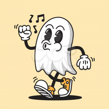Vector illustration of a retro Halloween ghost walking and whistling.