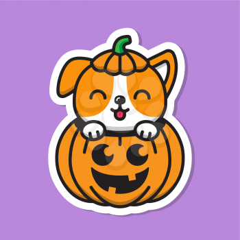 Royalty-Free clipart illustration of a puppy inside of a pumpkin