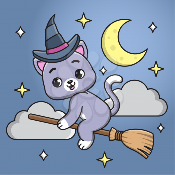 Royalty-free clipart illustration of a kitten on a broom