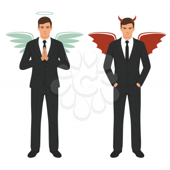vector illustration of a cartoon devil and angel, good and bad choice, wings, horns and halo