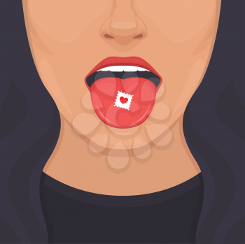 vector illustration of love addiction pill on tongue, sexy woman lips ,open mouth 