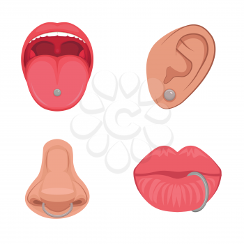  vector illustration of a piercing studio icon, ear, nose, lips and tongue. body parts