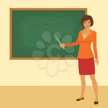  vector illustration of classroom in school, teacher in front of board 