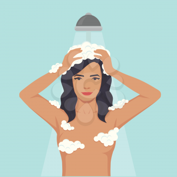  vector illustration of a woman washing head, hair hygiene, shower in bathroom