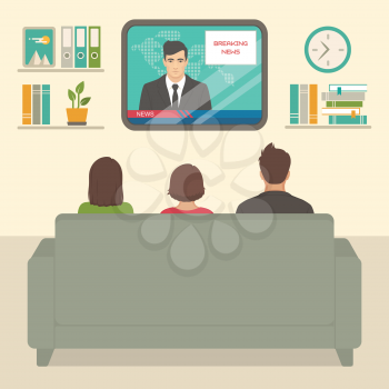 vector illustration of  family tv watching at home, people sitting on sofa watching television in room