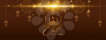eid mubarak sparkling banner with lanterns