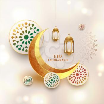 realistic eid mubarak wishes card with crescent moon