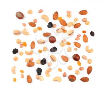 Different nuts and dried berries on white background, top view�