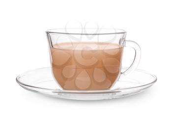 Glass cup of aromatic tea with milk on white background�