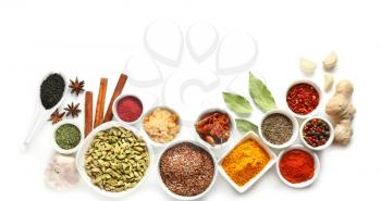 Variety of spices on white background�
