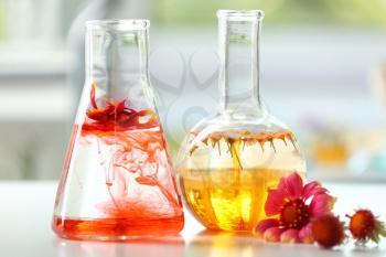 Flasks with flowers and reagent on table in laboratory�