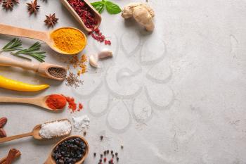 Composition with different spices on grey background�