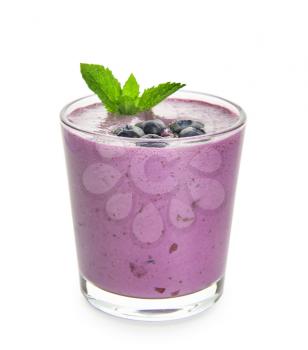 Glass of tasty blueberry smoothie on white background�