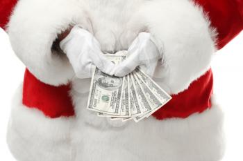 Santa Claus with money on white background, closeup�
