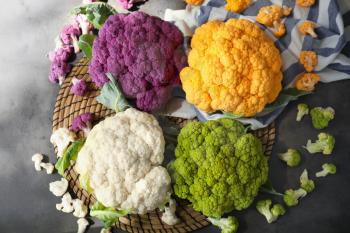 Different cauliflower cabbages on table�