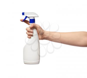 Woman holding bottle of detergent on white background�