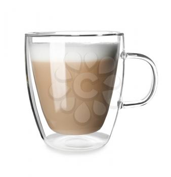 Glass cup of tasty aromatic latte on white background�