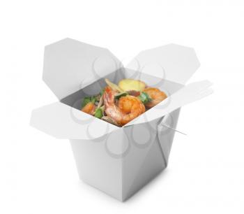 Takeaway box with delicious chinese food on white background�