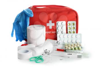 First aid kit on white background�