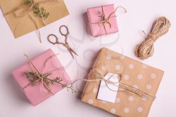 Handmade gift boxes on light background�