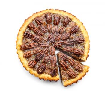 Tasty pecan pie on white background�