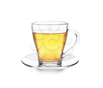 Cup of tasty hot tea on white background�