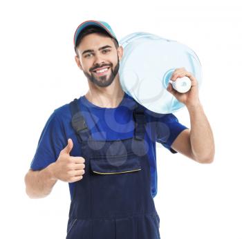 Delivery man with bottle of water on white background�