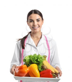 Portrait of female nutritionist on white background�
