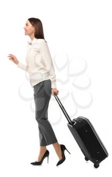 Young woman with luggage ready for business trip, on white background�