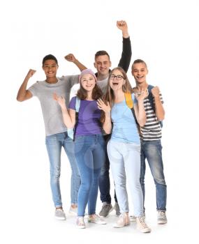 Group of happy teenagers on white background�