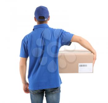 Delivery man with box on white background, back view�