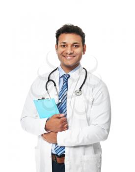 Handsome male doctor on white background�